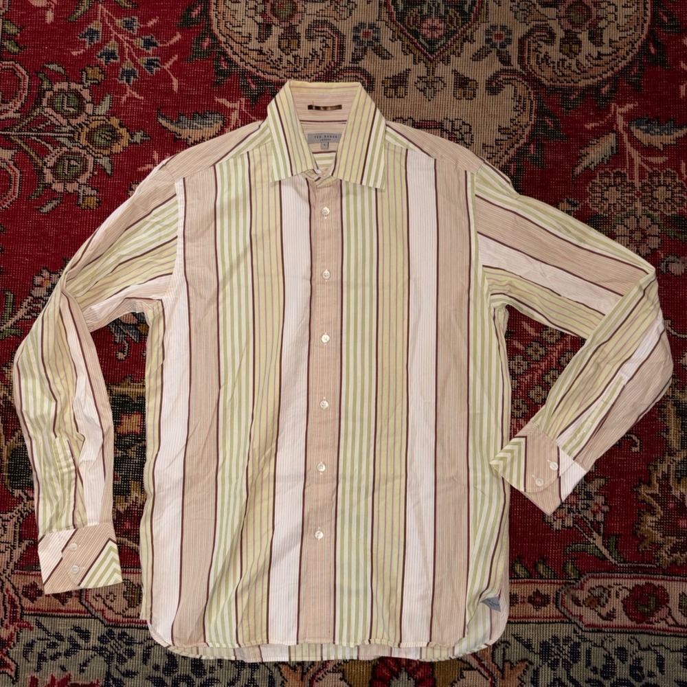 Ted Baker London Mens Size 4 L Button Down Dress Shirt Striped Green Tan Purple